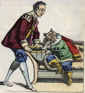 En tjänare serverar kattstövlarna en musbricka. Illustration av berättelsen "The cat botte" av Charles Perrault av Unknown artist