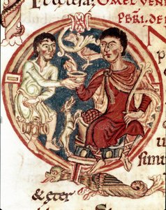 En tjänare som serverar att dricka till lorden Miniature från "Lectionaire de la Cathedrale de Reims"" Reims från 1000-talet, kommunalt bibliotek av Unknown artist