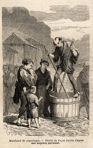 En snäckhandlare mitt på gatan reser sig i balans på tunnan som innehåller hans varor, som han släpar med två långa ätpinnar. Gravyr för att illustrera resan till Japan, 1863-1864, av Aime Humbert, minister för Schweiziska edsförbundet, i "L av Unknown artist
