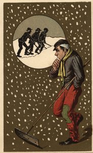 En snösamlare med sin spade. Anonym kromolitografi, sent 1800-tal. av Unknown artist