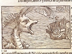 En kaskelot (?) (fyseter) attackerar ett skepp. Gravyr av Olaus Magnus (1490 - 1557), svensk religiös och geograf, "History of the Northern Nation", Venedig av Unknown artist