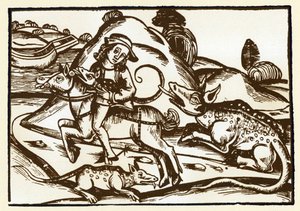 En resenär möter två monstruösa tigrar som ser ut som basilikan. Esopes fabler (gravyr, slutet av 1400-talet) av Unknown artist
