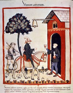 En resenär välkomnas på ett värdshus och bjuds på ett glas vin. Belysning från mjölkning av medicin och diet "" Tacuinum sanitatis"" av Unknown artist