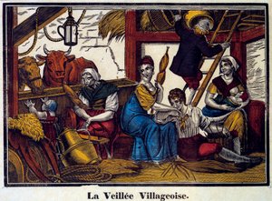 En bys nattliv: en familj av bönder i en lada. Gravyr av 1800-talet. Paris, B.N. av Unknown artist