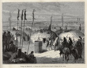 En by av Mandans indianer (eller nouma ka kie: fasaner) på vänstra stranden av Missouri, 600 ligor från staden Saint Louis. Gravyr för att illustrera en utflykt bland indianstammarna i Colombia och Upper Missouri, av G. Catlin, i 1 av Unknown artist
