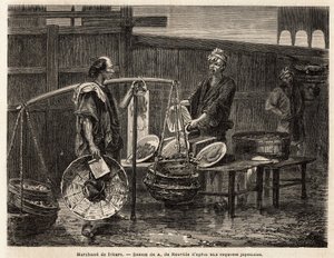 En gående friterihandlare, bär sina munkar på korgar och reser till marknaden för att sälja, till de andra köpmännen, lunch. Gravyr för att illustrera resan till Japan, 1863-1864, av Aime Humbert, minister för Schweiziska edsförbundet, i "Le tour du mond av Unknown artist