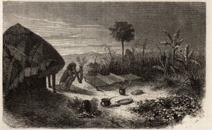 En vävare och hans vävare, på stranden av floden Zambeze. Gravyr för att illustrera Dr. Livingstones första resor till södra Afrika från 1840 till 1856, i "Le tour du monde, nouveau journal des voyages"" publicerad under ledning av Edouard Charton av Unknown artist