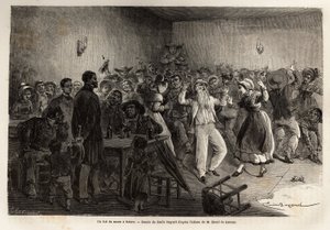 En bröllopsbal i Salers, gravyr för att illustrera en resa till vulkanerna i centrala Frankrike 1864, i "Le tour du monde, nouveau journal des voyages"" publicerad under ledning av Edouard Charton av Unknown artist