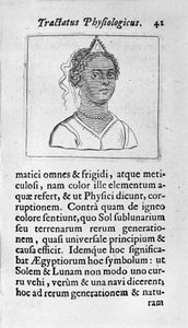 En kvinna har svart hud. Sidan hämtad från "" Tractatus physiologicus de pulchritudine""" handlar om Ernesto Venio (Ernestus Vaenius) som försvarar skapelsens skönhet mot en anonym motståndare. 1612 av Unknown artist