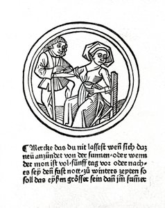 En kvinnas blödning. Xylografi i "Buch de Surgery" av Hyeronimus Braunschweig. Strasbourg 1497 av Unknown artist