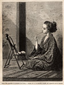 En ung flicka från Yedo (eller Edo, dagens Tokyo), som målar sina läppar framför sin spegel, har sina mått lacklådan som innehåller hennes förnödenheter: kammar, penslar och hårnålar, tandpulver, rispulver och andra kosmetika. Gravyr för att illustrera av Unknown artist