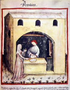 En ung kvinna köper ägg av en handlare. Belysning från mjölkning av medicin och diet "" Tacuinum sanitatis"" av Unknown artist