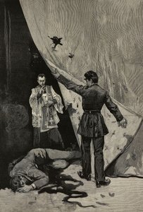Anarkistens avsked i La Madeleine-kyrkan, Paris, Frankrike, teckning av E X efter en skiss av R Signorini från L