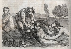 Olycksmedicin - på den mest effektiva lindring som kan ges till de drunknade - för att ta bort en drunknande man från vattnet måste du göra det så bekvämt som möjligt - gravering i "La Sante Universelle - Guide Medical des Families" 1852 av Unknown artist