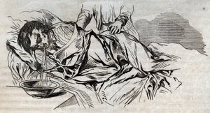Olycksmedicin - på den mest effektiva lindring att ge till de drunknade - valnötsblöjorna på sidan och spy av vattnet han drack - gravering i "La Sante Universelle - Guide Medical des Familles" 1852 av Unknown artist