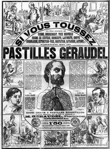 Reklam för Geraudel-tabletter av apotekaren Arthur Geraudel (1841-1906) en Sainte-Menehould (Sainte Menehould) mot hosta. Gravyr i "" Le monde illustrious"" av Unknown artist