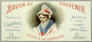 Reklametikett för "Soap du souvenir, framställd av F. Godfriaux - Maison grundad 1850". Kromolitografi 1800-talet. av Unknown artist