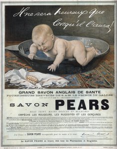 Reklam från 1889 för den engelska tvålen "" Pears"" fantastisk engelsk hälsosåpa. En baby i sitt bad gör ett infall (gråter) och försöker fånga tvålen. av Unknown artist