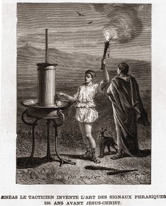 Taktikern Aenéas uppfinner konsten att uttrycka signaler, 366 f.Kr. Gravyr 1800-tal, bianchettisamling av Unknown artist