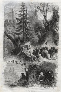 Eolisk harpa - blåsharpa - Arpa eolia - Blåsharpa - musikinstrument spelat av vinden - gravyr från 1860 av Unknown artist