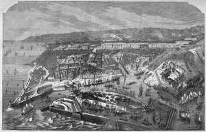 Aerienne utsikt över hamnen och staden Le Havre, Seine-Maritime (Seine Maritime), Normandie, Frankrike. Gravyr i "" L