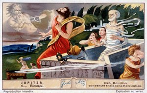Aesculapus dör, sprängd av Jupiter, för att återuppliva de döda - Oxo-kromolitografi, producerade Liebig av Unknown artist