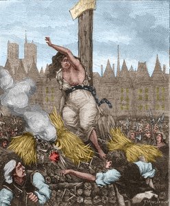 Affaire des Poisons: Catherine Deshayes, hustru Monvoisin och smeknamnet La Voisin (1640-1680) sattes på slaktaren, sittande och bunden med järn; hon svor och stötte bort halmen - i "Paris a travers les siecles"" av Kenouillac av Unknown artist