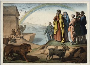 Efter syndafloden stiger djuren ner från arken. Till höger: Noa, hans fru, hans tre söner (Shem, Sham och Jafet) och deras fru. Längst ner, regnbågen (symbol för skapelseordningen slutar mellan Noa och Gud). Anonym gravyr från th av Unknown artist