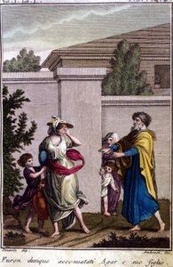 Agar och Ismael drevs ut av Abraham: Agar, som blev avskedad, följde med sin son, Isamel, efter Isaks födelse. Gravyr från början av 1800-talet. av Unknown artist