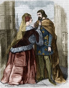 Agnes Sorel (1422-1450) (Damen av Beaute sur Marne) (Beaute-sur-Marne) och kungen av Frankrike Karl VII i klostret Jumieges. Gravyr av 1800-talet. av Unknown artist