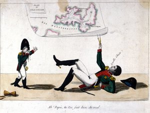 Åh, pappa, du skadade dig själv. Tecknad film om Napoleon Bonapartes exil på ön Elba. av Unknown artist