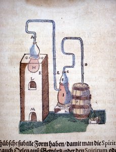 Alkemi: Apparat för destillation, hämtad från en bok av Pietro Andrea Mattioli (Matthiole) (1500-1577). Frankfurt av Unknown artist