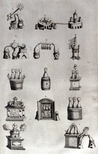 Alkemi: tavla som representerar olika modeller av destillationsapparater och destillationsapparater. Athanase Kircher (eller Athanasius Kircheri 1602-1680), tysk jesvit. 1600-talsgravyr. av Unknown artist