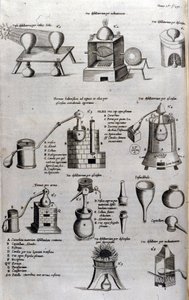Alkemi: tavla som representerar olika modeller av destillationsapparater och destillationsapparater. Athanase Kircher (eller Athanasius Kircheri 1602-1680), tysk jesvit. 1600-talsgravyr. av Unknown artist