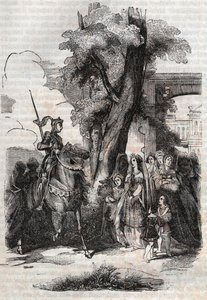Alcina och hennes hov kommer för att hälsa på Ruggiero - gravyr från 1851 från dikten Orlando furioso (1516) av Ludovico Ariosto, - Upplaga översatt från italienska av greven av Tressan och utgiven av Gustave Harvard 1851 av Unknown artist