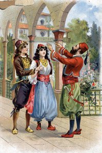 Ali Baba. (Ali-Baba) (Berättelser om de tusen och en natt): för att belöna Morgiana, ger Alibaba henne i äktenskap med sin Son. Kromolitografi av 1800-talet av Unknown artist