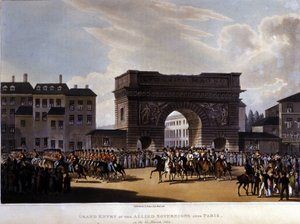 Allierade gick in i Paris den 31 mars 1814 (Ryssland Alexander I, den österrikiske kejsaren Francois I och den preussiske kungen Fredrik William III.) gravyr från 1826 av Unknown artist