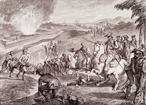 Amerikanska revolutionskriget: Belägring av Pensacola och den spanska arméns seger (gravyr från 1800-talet) av Unknown artist