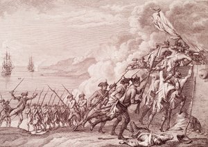 Amerikanska revolutionskriget: Den franska arméns invasion av Dominica den 7 september 1778 (gravyr av Unknown artist