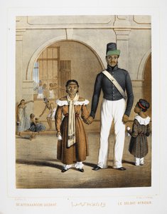 En afrikansk soldat med sin familj. Invånare i Indonesien. av Unknown artist