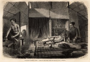 En Annamitisk interiör i Lakon (Laos). Gravyr för att illustrera upptäcktsfärden i Indokina, av Francis Garnier, löjtnant de Vaissseau, 1866-1868, publicerad i "" Le tour du monde""" 1870-1871, redigerad av Edouard Charton, upplaga Hachette, Pa av Unknown artist