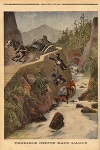En olycka med en tank på en bänk i Savoie, fordonet välter och passagerarna fälls ut i Arly. Gravyr i "" Le petit journal"" 1896-08-02. Selvas samling. av Unknown artist
