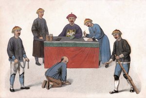 En anklagad inför en domare fick hjälp av en kontorist, en sekreterare och vakter. i "The Punishment of the Chinese", London av Unknown artist