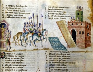 En armé närmar sig ett slott. Miniatyr av "Roman de Troy"" av Benoit de Sainte Maure. 1300-talet, Biblioteca Marciana, Venedig av Unknown artist