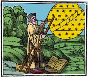 En astronom som sätter en stege för att klättra upp i himlen. av Unknown artist