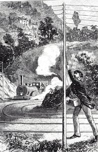 En gravyr som föreställer en tågarbetare som skickar en nödsignal på en järnvägstelegraf av Unknown artist