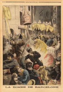 Anarkistisk attack i Barcelona, bombexplosion i processionen som lämnar kyrkan Santa Maria, street nuevos cambios. Gravyr i "" Le petit journal"" 1896-06-21. Selvas samling. av Unknown artist