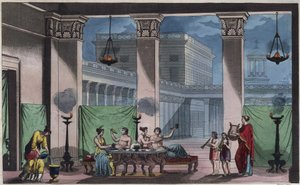 Antikens Grekland - Triclinium - gravyr från "" Seder och traditioner för alla folk i universum. Det vill säga historien om regeringen, om lagarna, om milisen, om religionen för alla nationer från de mest avlägsna tiderna till våra dagar "1856 av Unknown artist