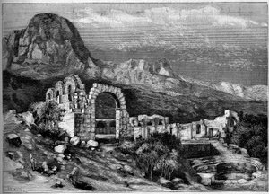 Forntida arkitektur: ruinerna av det romerska templet Zaghouan (Tunisien). Gravyr av Riugel i ""The Illustrous World"" nr 1308 av den 22 april 1882. av Unknown artist