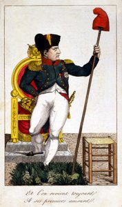 Och vi återvänder alltid till hans första kärlek, en karikatyr om Napoleon I som tar över makten 1815 (Episode of Hundred Days). av Unknown artist